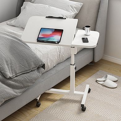 Movable Overbed Table with Wheels,Rolling Tray Table, Tilting Surface for Hospital and Home Use