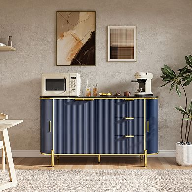 2 Curved Profile Sliding Doors & 3 Drawers, Coffee Bar Accent Table for Livingroom