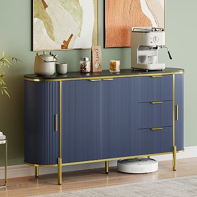 2 Curved Profile Sliding Doors & 3 Drawers, Coffee Bar Accent Table for Livingroom