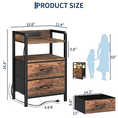Nightstand with 2 Fabric Drawers, 3-Tier Storage End Table with Storage Shelf for Living Room