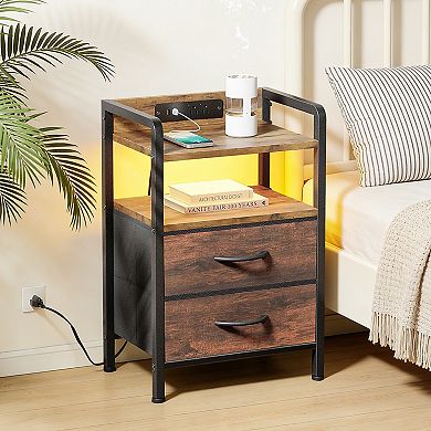 Nightstand with 2 Fabric Drawers, 3-Tier Storage End Table with Storage Shelf for Living Room