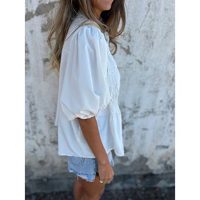 Womens Button Down Shirts Ruffle Short Sleeve Loose Casual Business Work Blouses
