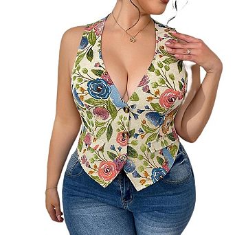 Women's Plus Size Boho Western Floral Embroidery Sleeveless V Neck Button Down Vest