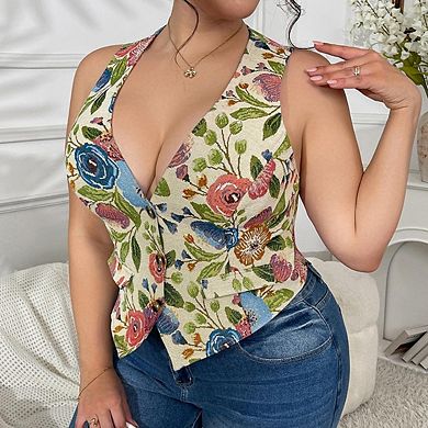 Women's Plus Size Boho Western Floral Embroidery Sleeveless V Neck Button Down Vest