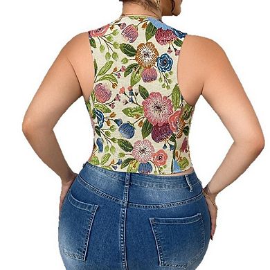 Women's Plus Size Boho Western Floral Embroidery Sleeveless V Neck Button Down Vest