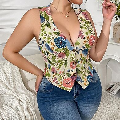 Women's Plus Size Boho Western Floral Embroidery Sleeveless V Neck Button Down Vest