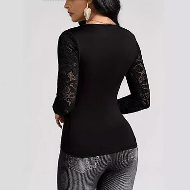 Women's Lace Long Sleeve Fitted Cross Wrap Ruched Deep V Neck Top