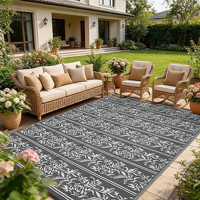 Reversible Outdoor Rug Waterproof Boho Leaf Mat with Stakes & Bag for Patio Deck RV