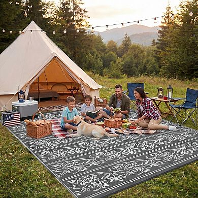 Reversible Outdoor Rug Waterproof Boho Leaf Mat with Stakes & Bag for Patio Deck RV