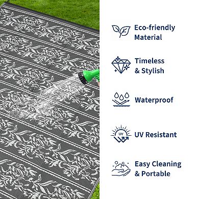 Reversible Outdoor Rug Waterproof Boho Leaf Mat with Stakes & Bag for Patio Deck RV