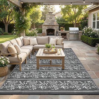 Reversible Outdoor Rug Waterproof Boho Leaf Mat with Stakes & Bag for Patio Deck RV