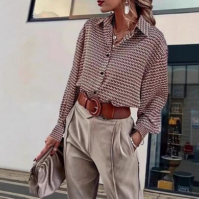 Women's Oversized Button Down Elegant Printed Long Sleeve Collared Business Casual Blouses