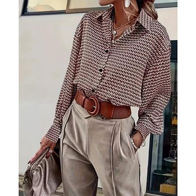 Women's Oversized Button Down Elegant Printed Long Sleeve Collared Business Casual Blouses