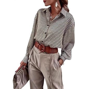 Women's Oversized Button Down Elegant Printed Long Sleeve Collared Business Casual Blouses
