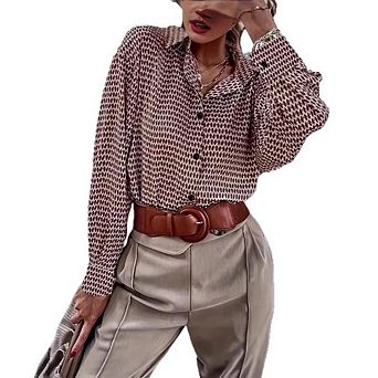 Women's Oversized Button Down Elegant Printed Long Sleeve Collared Business Casual Blouses