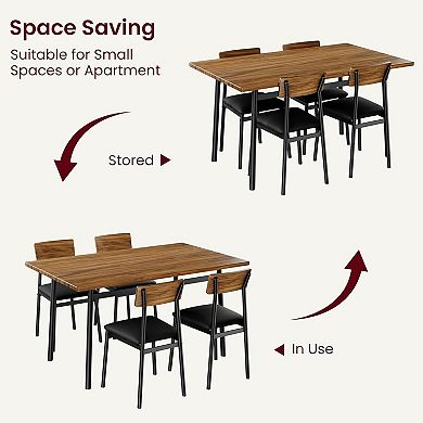 Space‑Efficient Dining Room Table Set for 4, Durable Metal Frame Wood‑Grain Top with Soft PU Cushion