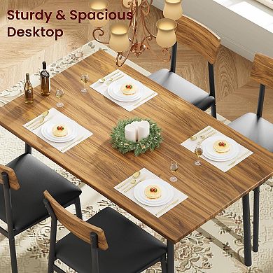 Space‑Efficient Dining Room Table Set for 4, Durable Metal Frame Wood‑Grain Top with Soft PU Cushion