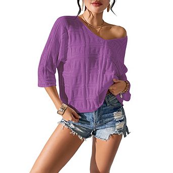 Women's Textured V-Neck 3/4 Sleeve Blouse, Casual Loose Fit Knit Top, Solid Color Summer Tunic
