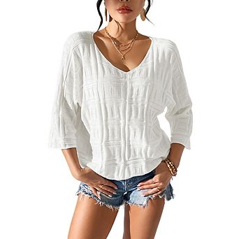 Women's Textured V-Neck 3/4 Sleeve Blouse, Casual Loose Fit Knit Top, Solid Color Summer Tunic