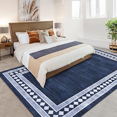 Washable Area Rug - Soft, Low Pile, Non-Slip, Mark Resistant Carpet, Geometric Bordered Design