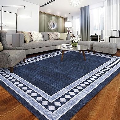 Washable Area Rug - Soft, Low Pile, Non-Slip, Mark Resistant Carpet, Geometric Bordered Design