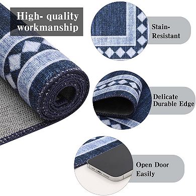 Washable Area Rug - Soft, Low Pile, Non-Slip, Mark Resistant Carpet, Geometric Bordered Design