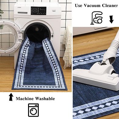 Washable Area Rug - Soft, Low Pile, Non-Slip, Mark Resistant Carpet, Geometric Bordered Design