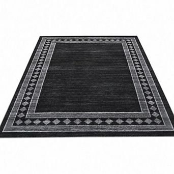 Washable Area Rug - Soft, Low Pile, Non-Slip, Mark Resistant Carpet, Geometric Bordered Design