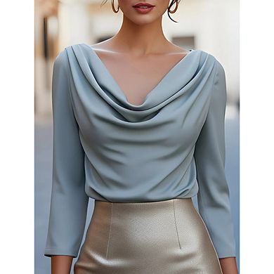 Women's Cowl Neck Satin Blouse, 3/4 Sleeve Elegant Drape Front Work Top,Office Business Casual Shirt