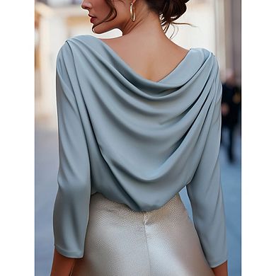 Women's Cowl Neck Satin Blouse, 3/4 Sleeve Elegant Drape Front Work Top,Office Business Casual Shirt