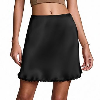 Women's Satin Lace Trim Mini Skirt, High Waist A-Line Flowy Skirt, Elegant Casual Short Skirt