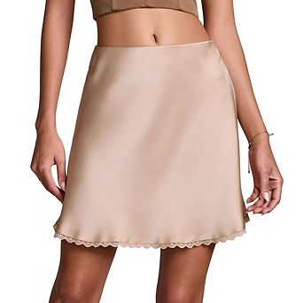 Women's Satin Lace Trim Mini Skirt, High Waist A-Line Flowy Skirt, Elegant Casual Short Skirt