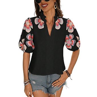 Women's Floral Embroidered Puff Sleeve Blouse, Ruffled V-Neck Casual Shirt, Bohemian Summer Top
