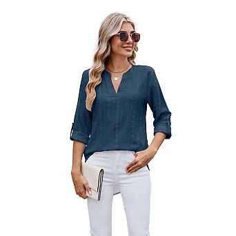 Women’s Casual V Neck Solid Color Eyelet 3/4 Sleeve Blouse Relaxed Fit Hollow Out Shirt Top