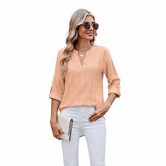 Women’s Casual V Neck Solid Color Eyelet 3/4 Sleeve Blouse Relaxed Fit Hollow Out Shirt Top