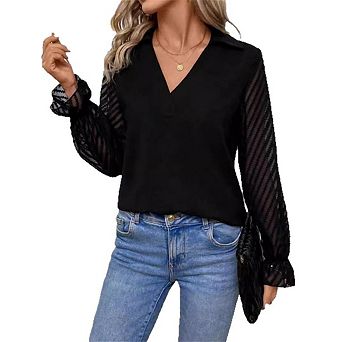 Women's V Neck Elegant Lace Long Sleeved Business Blouse Lantern Sleeve Fashionable Top