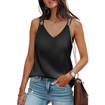 Women's Satin V-Neck Camisole Top Spaghetti Straps Backless Cami Blouse,Casual Sleeveless Tank Shirt