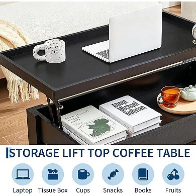 Modern Lift Top Coffee Table with Hidden Storage Compartment and Open Shelf, Home Office
