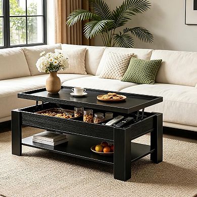 Modern Lift Top Coffee Table with Hidden Storage Compartment and Open Shelf, Home Office