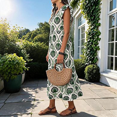 Women’s Deep V Neck Loose Fit Printed Maxi Dress Beach Vacation Boho Long Dress Summer