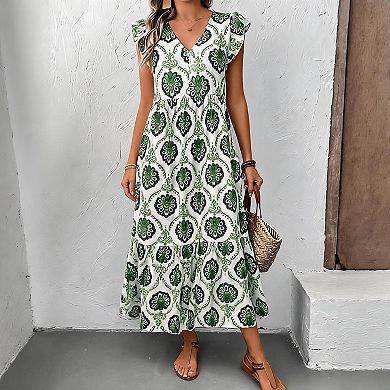 Women’s Deep V Neck Loose Fit Printed Maxi Dress Beach Vacation Boho Long Dress Summer