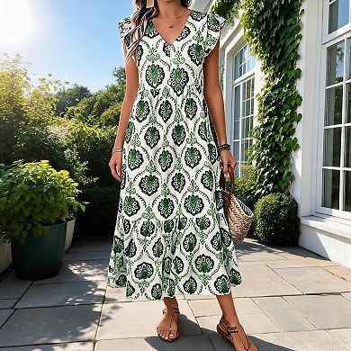 Women’s Deep V Neck Loose Fit Printed Maxi Dress Beach Vacation Boho Long Dress Summer