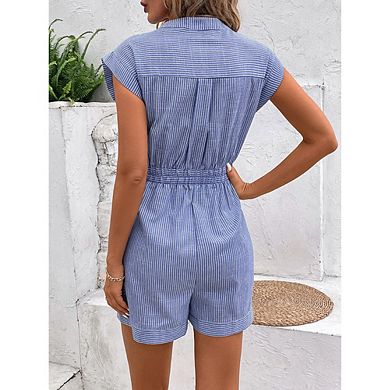 Women Short Sleeve Button Down Romper with Belt