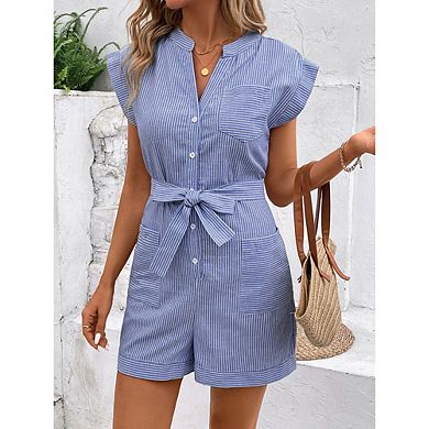 Women Short Sleeve Button Down Romper with Belt