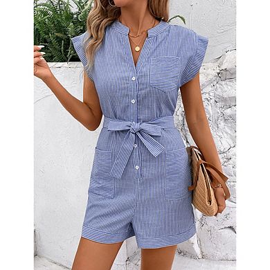 Women Short Sleeve Button Down Romper with Belt