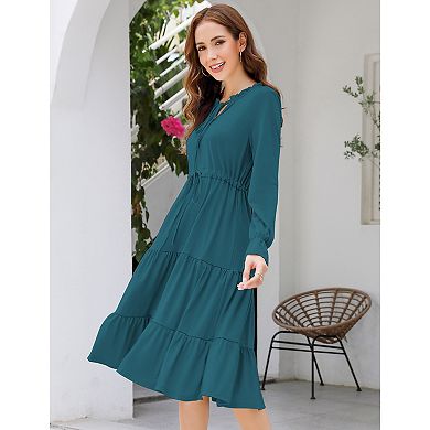 GlowSol Womens Tie Front Long Lantern Sleeve Crew Neck Midi Dress Flowy A-Line Tiered Clothes