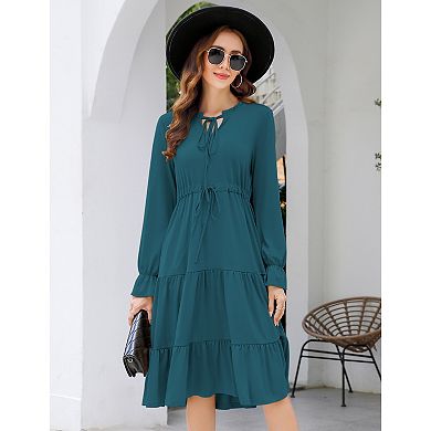 GlowSol Womens Tie Front Long Lantern Sleeve Crew Neck Midi Dress Flowy A-Line Tiered Clothes