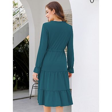 GlowSol Womens Tie Front Long Lantern Sleeve Crew Neck Midi Dress Flowy A-Line Tiered Clothes