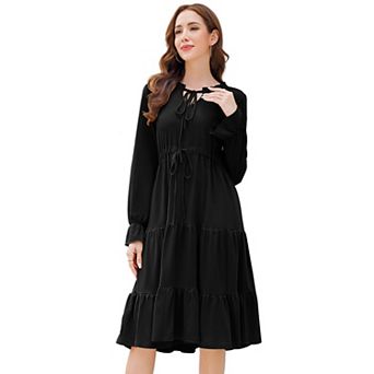 GlowSol Womens Tie Front Long Lantern Sleeve Crew Neck Midi Dress Flowy A-Line Tiered Clothes