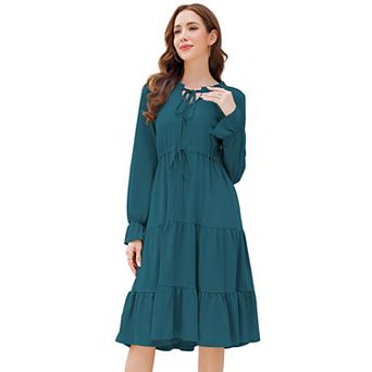 GlowSol Womens Tie Front Long Lantern Sleeve Crew Neck Midi Dress Flowy A-Line Tiered Clothes